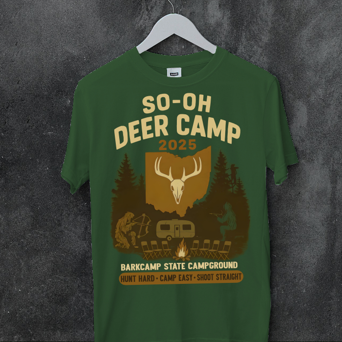 T-Shirt Mockup with text SO-OH Deer Camp 2025